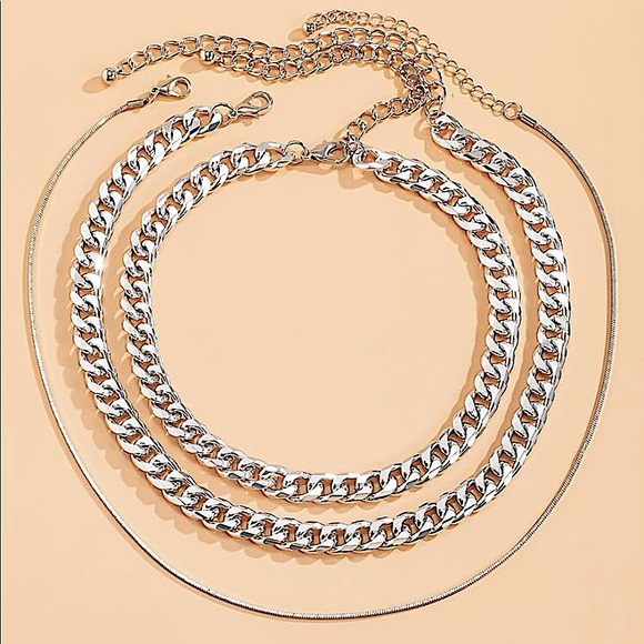 Silver Cuban Chain Link Multilayer Choker Necklace Set - Picture 3 of 4